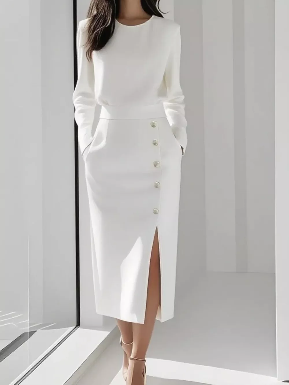Long Sleeve Button Detail Midi Dress with Side Slit, image 8