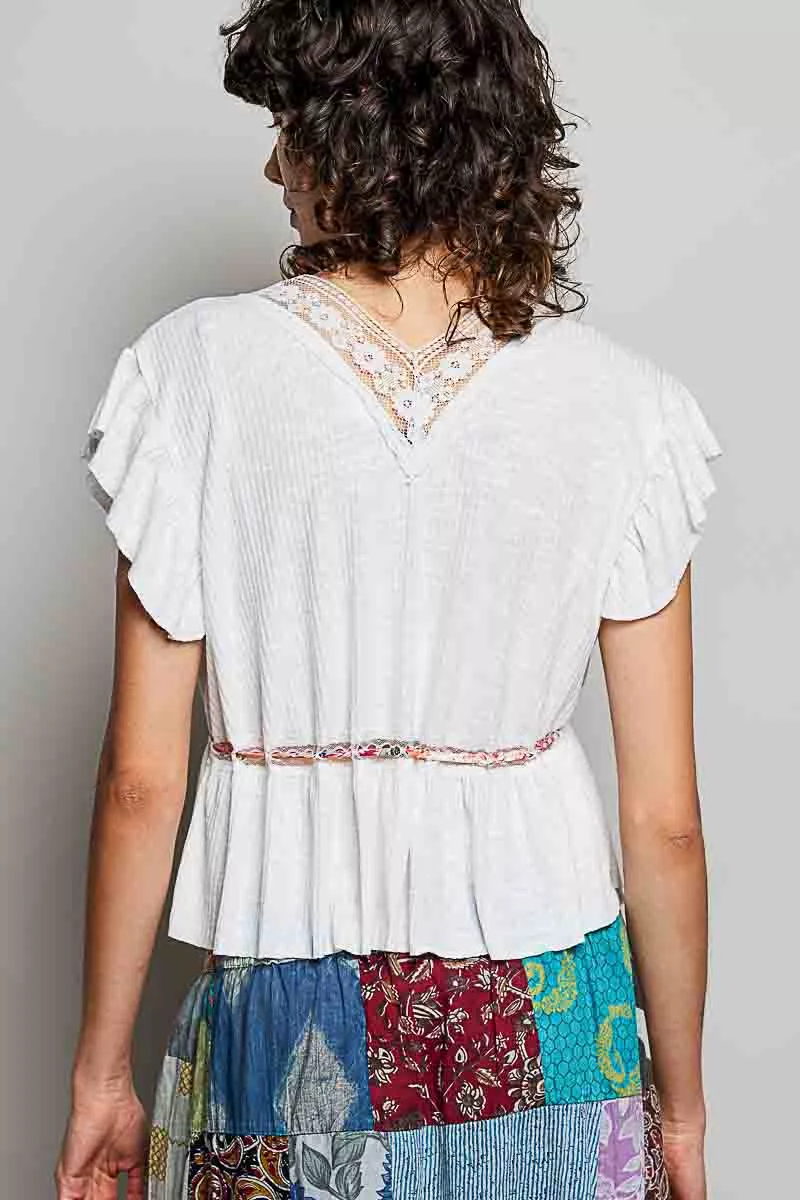 Tied Ruffled V-Neck Short Sleeve Blouse with Lace Detail, image 3