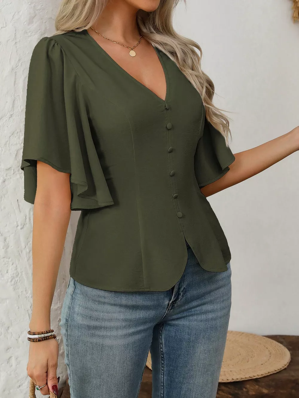 V-Neck Flutter Sleeve Blouse, image 9