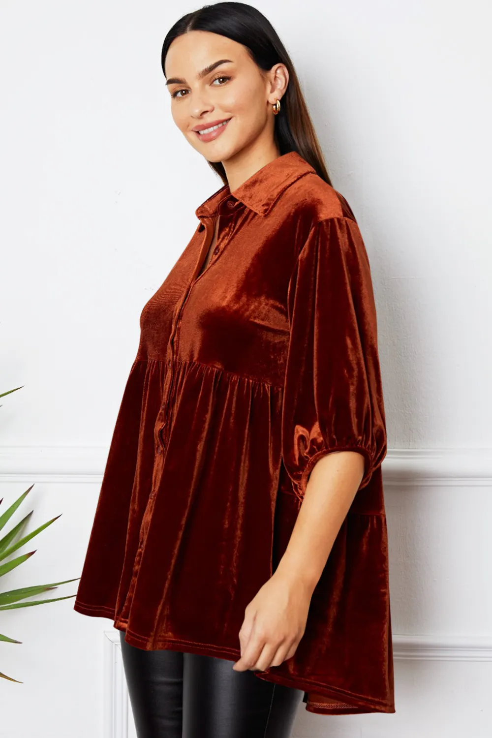 Velvet Tiered Button Up Collared Neck Shirt, image 15
