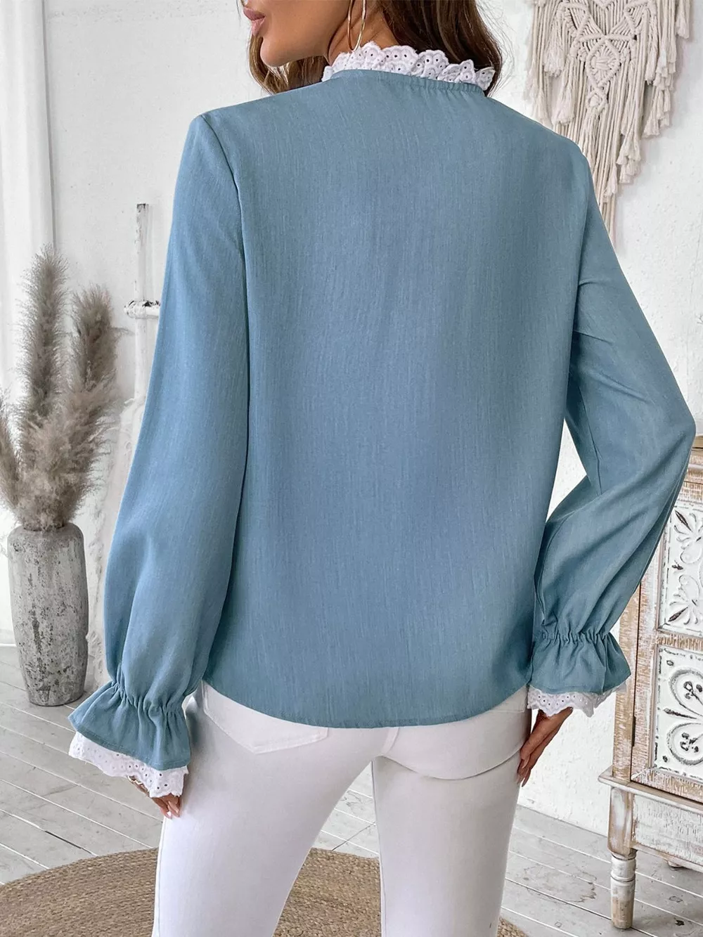 Lace Detail Button Down Long Sleeve Shirt, image 7