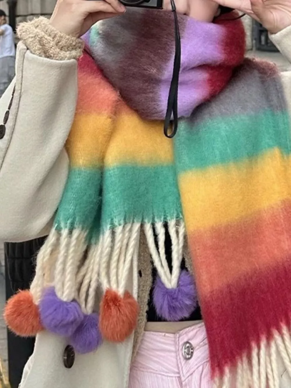 Rainbow Striped Fuzzy Scarf with Pom-Poms, image 3