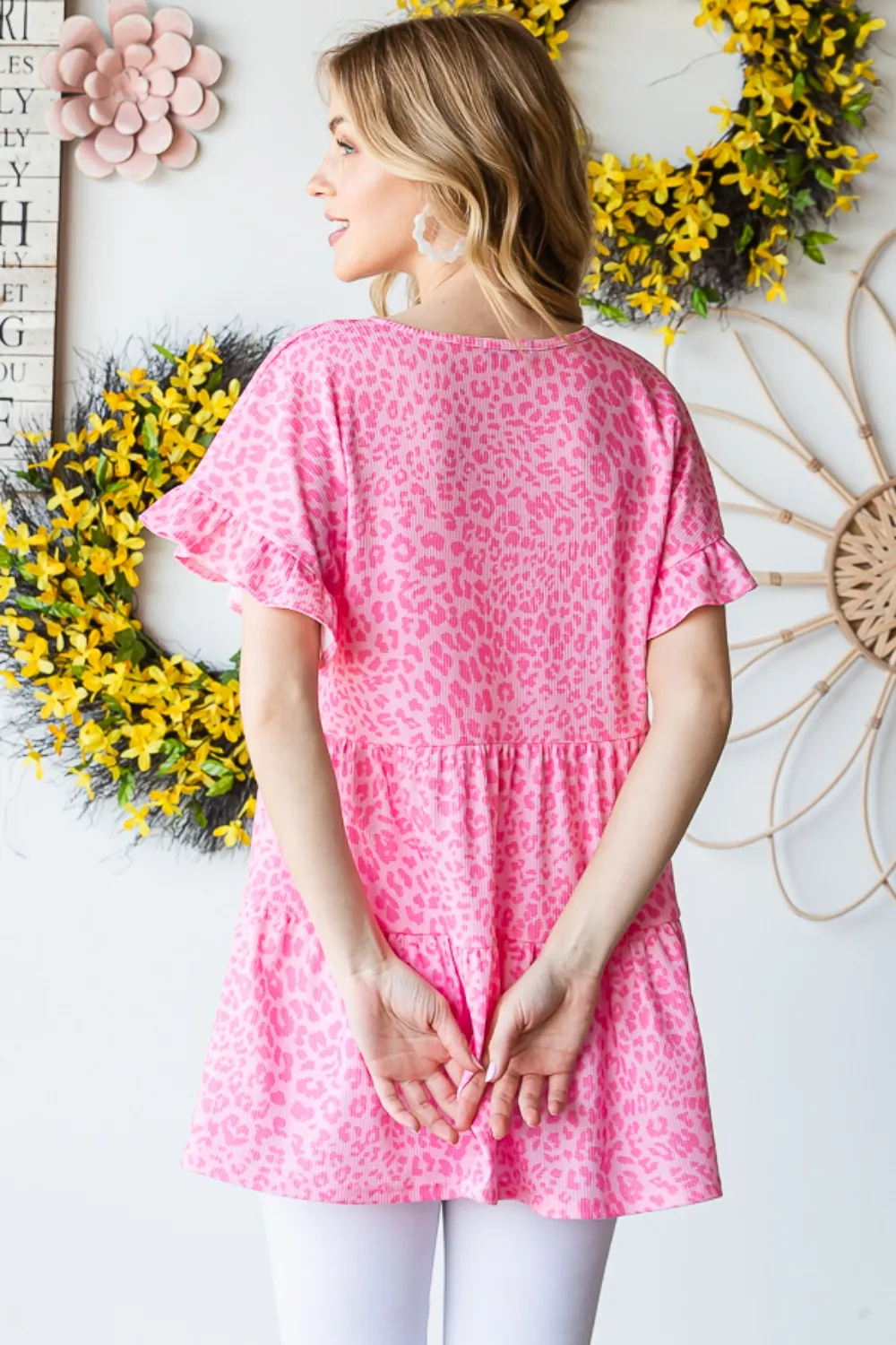Full Size Leopard Ruffle Trim Short Sleeve Top, image 11