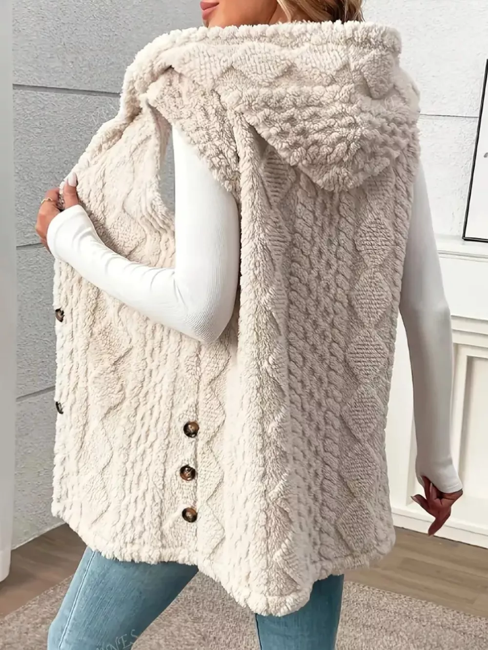 Button-Down Sherpa Hooded Vest Coat, image 2