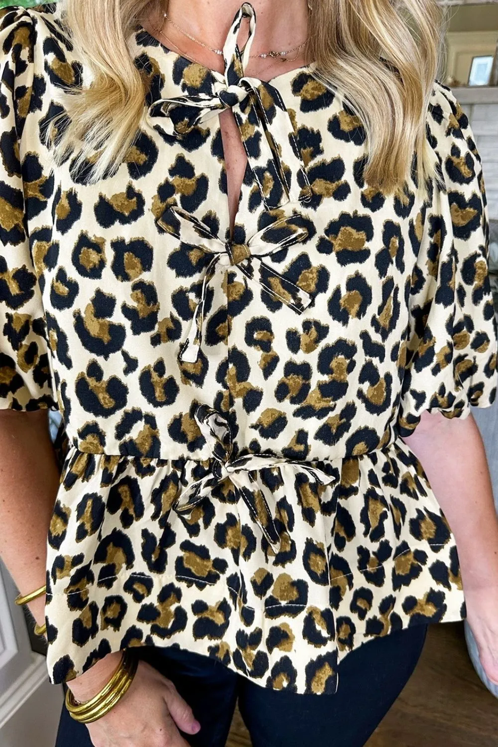 Leopard Bow Tie Front Puff Sleeve Peplum Blouse, image 8
