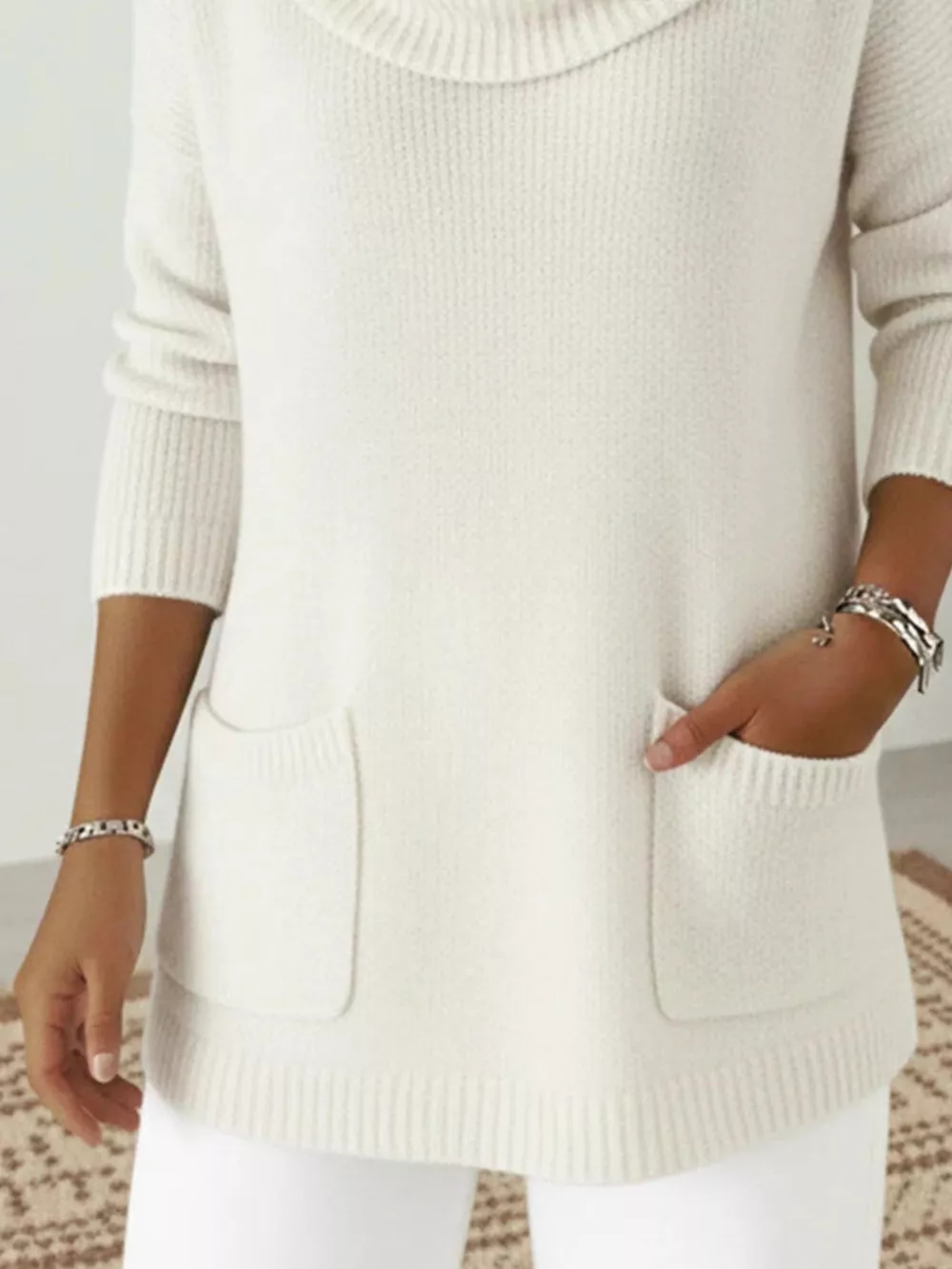 Full Size Cowl Neck Long Sleeve Sweater with Pockes Plus Size, image 6