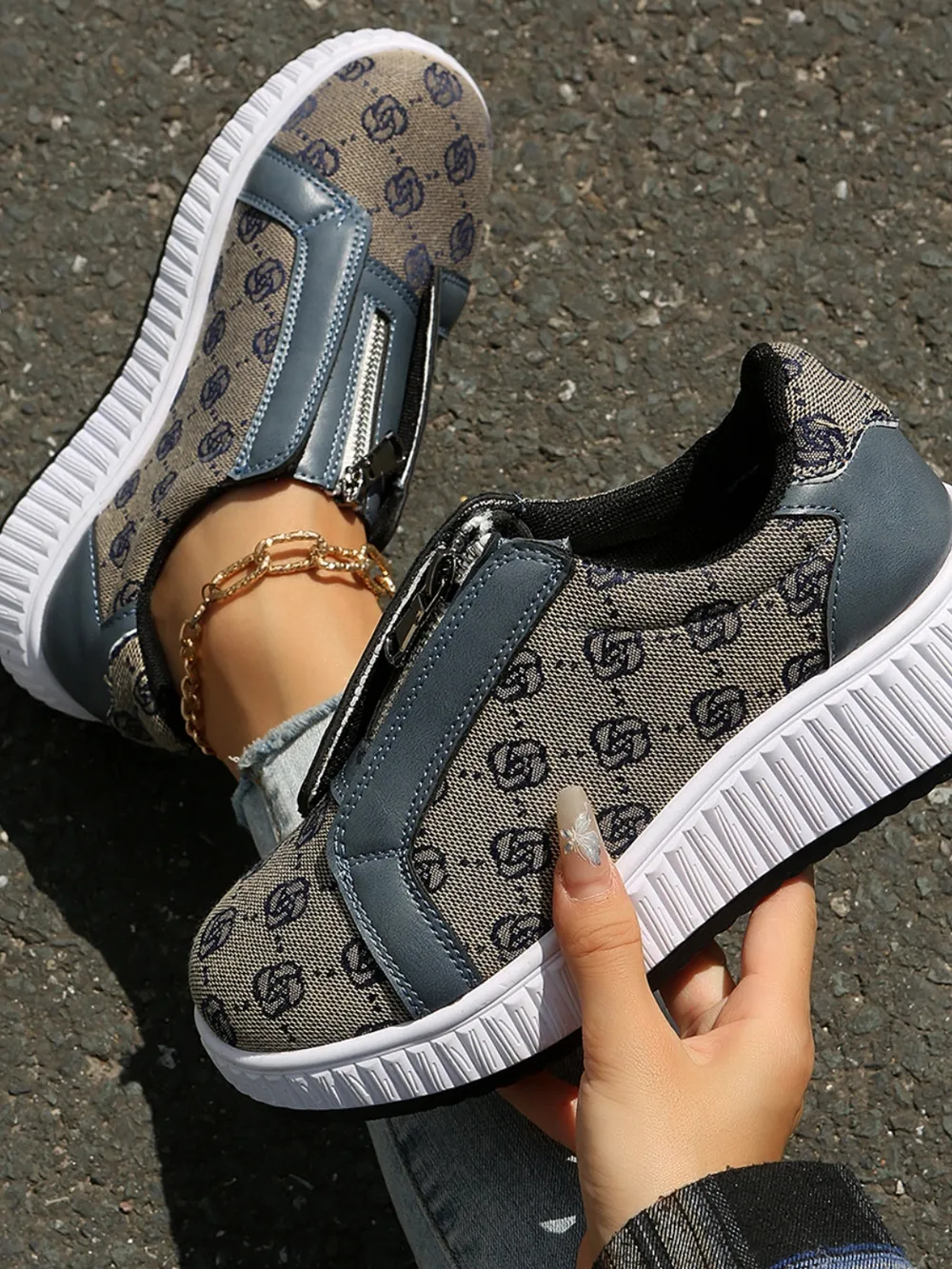 Floral Round Toe Sneakers with Zip, image 5