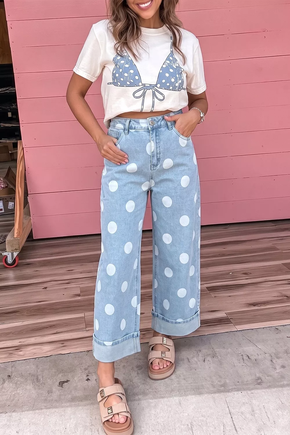 Polka Dot Ankle-Length Metal Button Casual Jeans, image 4