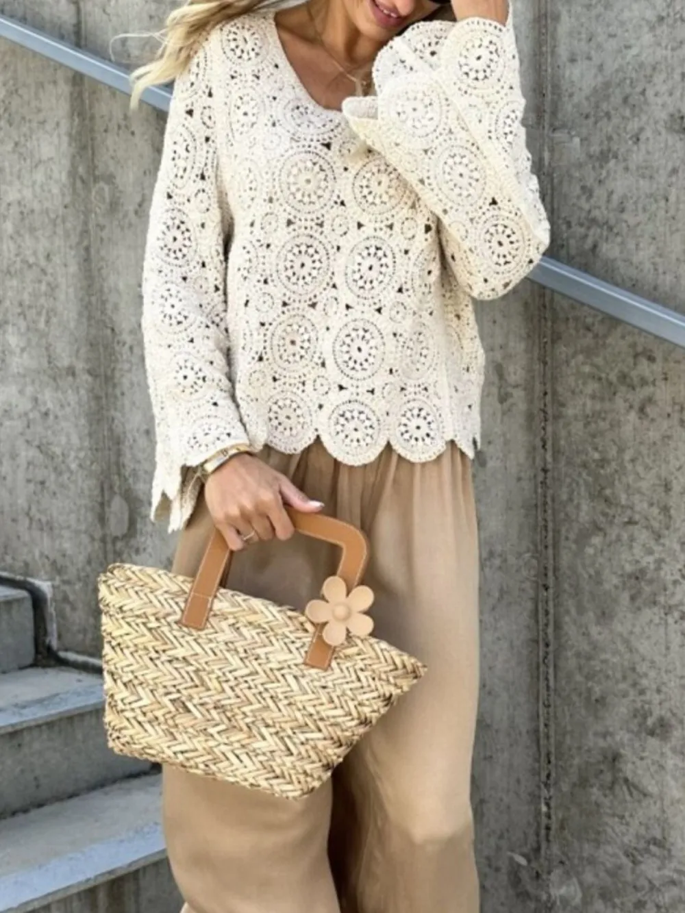 Crochet Lace V-Neck Bell Sleeve Knit Top, image 8