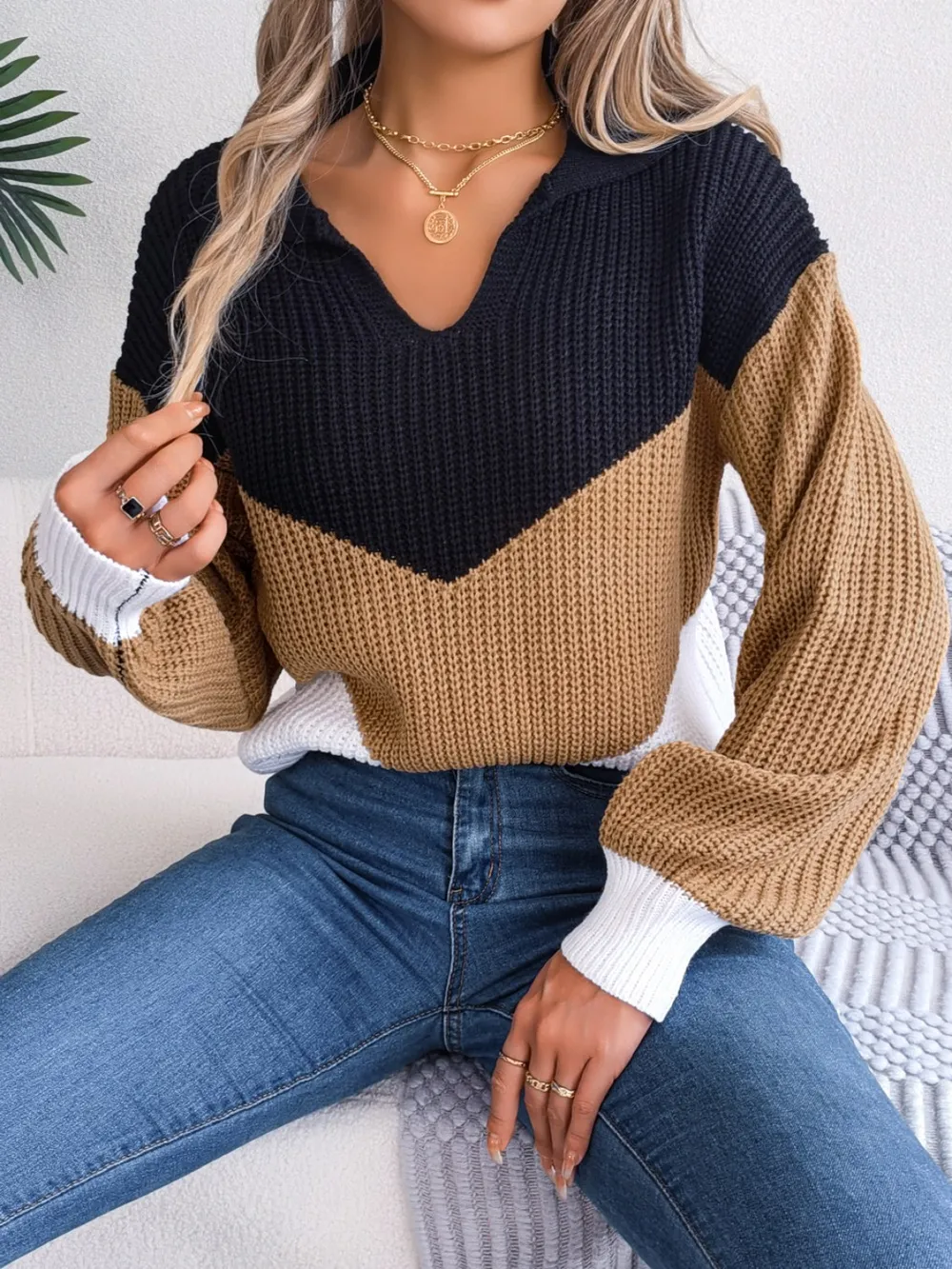 Color Block Dropped Shoulder Sweater, image 2