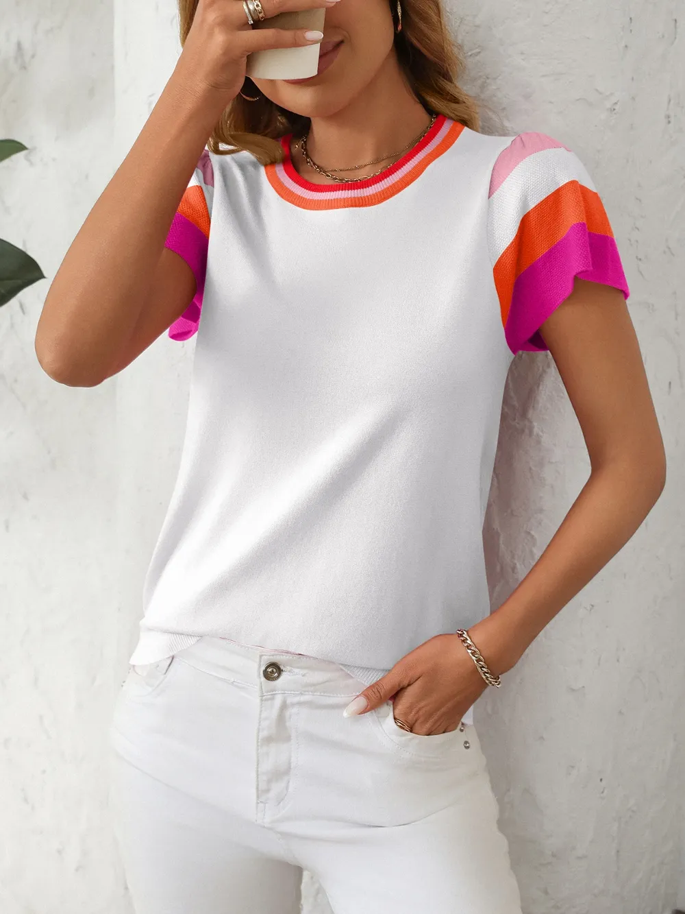 Contrast Round Neck Short Sleeve Knit Top, image 8