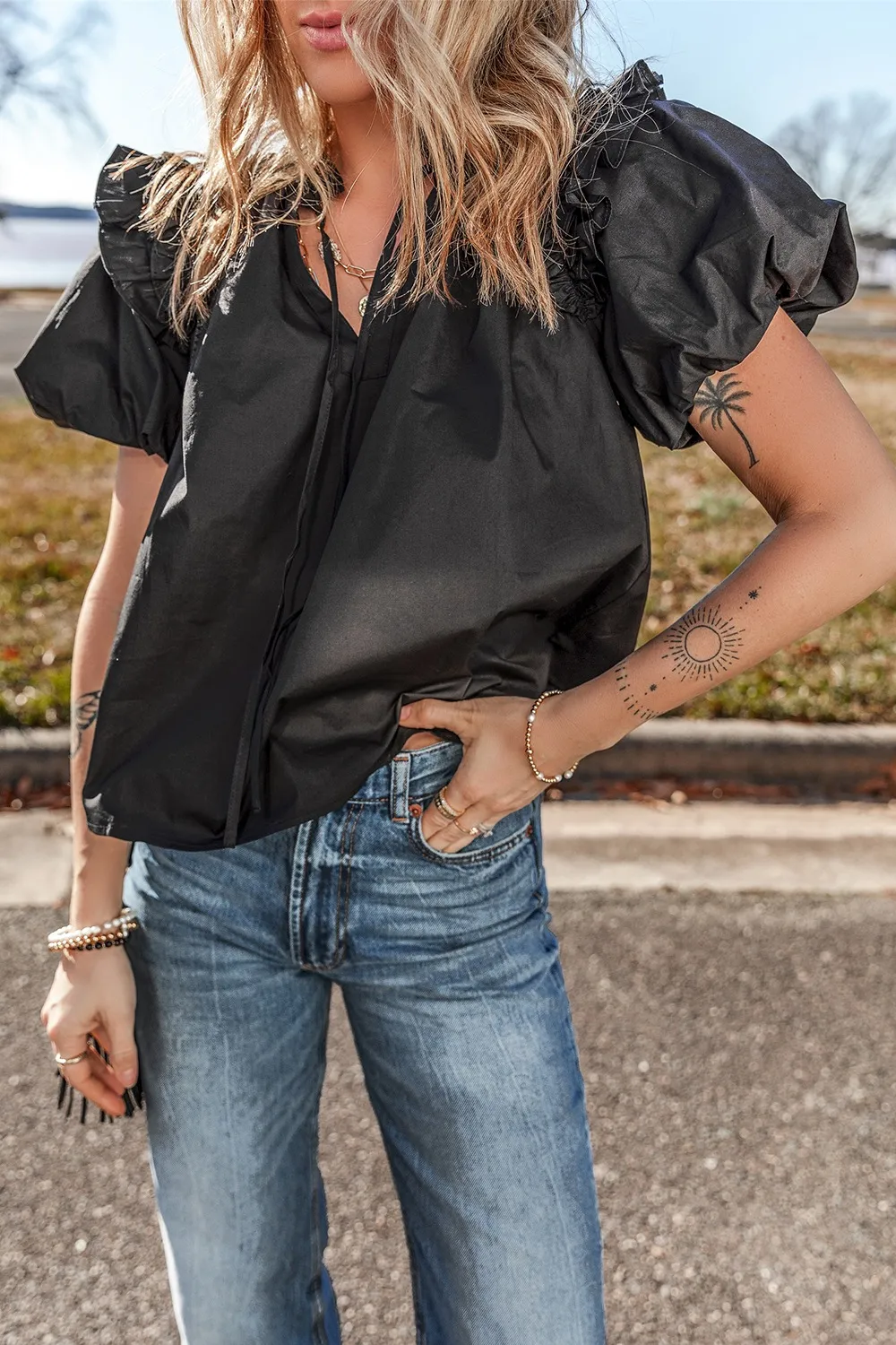 Ruffled Puff Short Sleeve Loose Blouse
