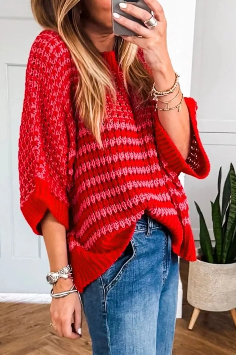 Stripe Wavy Crochet Eyelet Detail Ruffle Half Sleeve Sweater, image 3