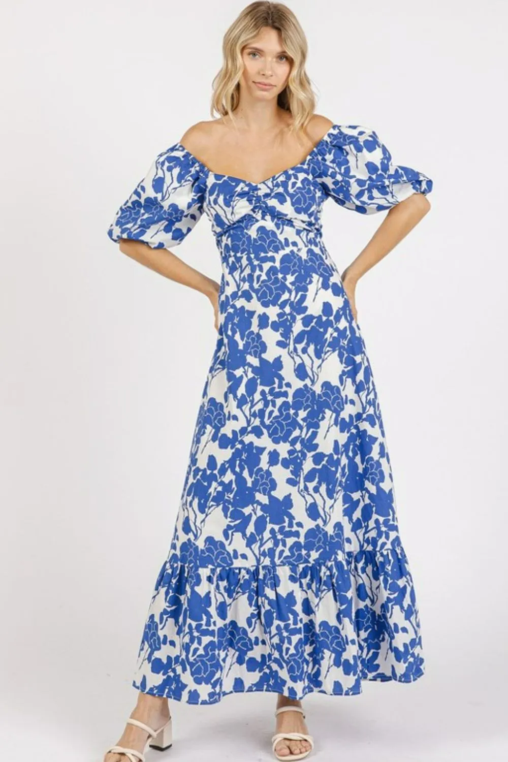 Cutout Back Floral Sweetheart Neck Puff Sleeve Dress, image 7
