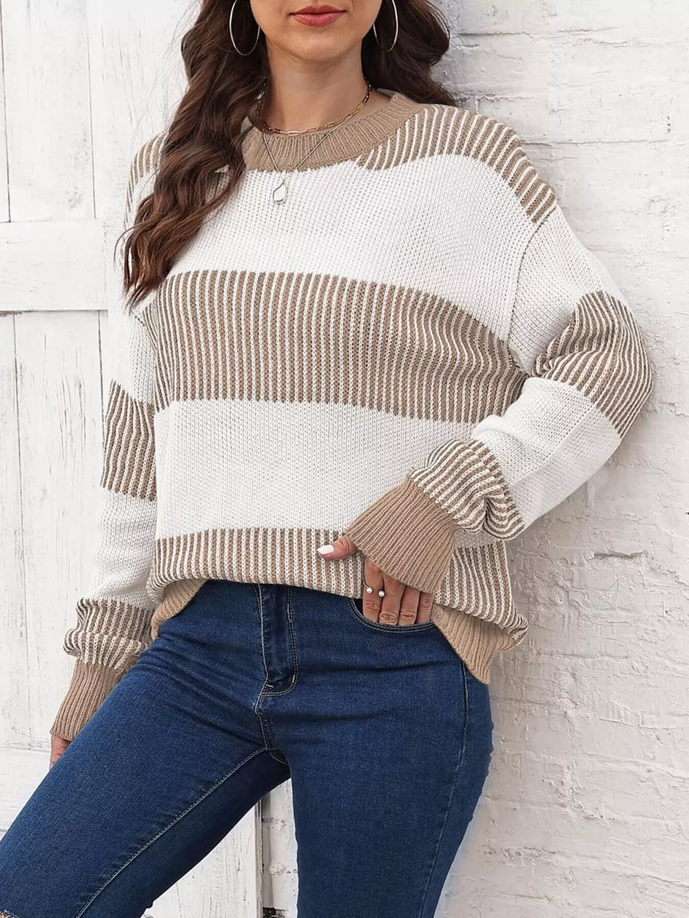 Full Size Striped Color Block Crew Neck Sweater Plus Size, image 7
