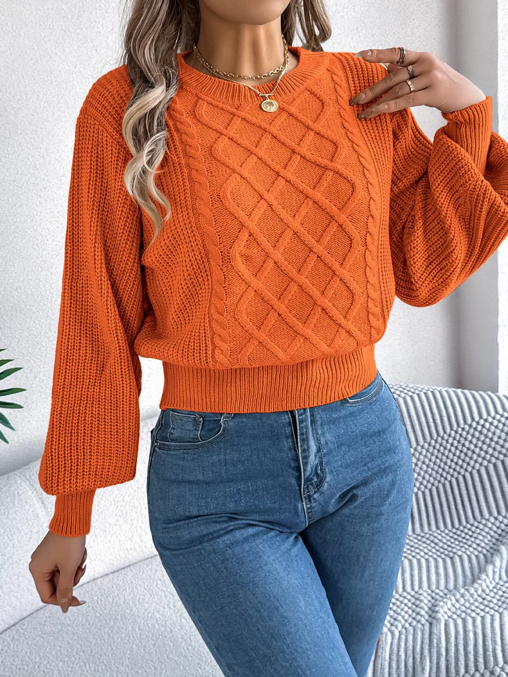 Cable Knit Diamond Pattern Long Sleeve Sweater, image 2