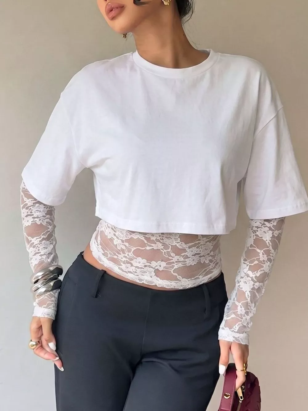 Lace Patchwork Short Sleeve T-Shirt, image 8
