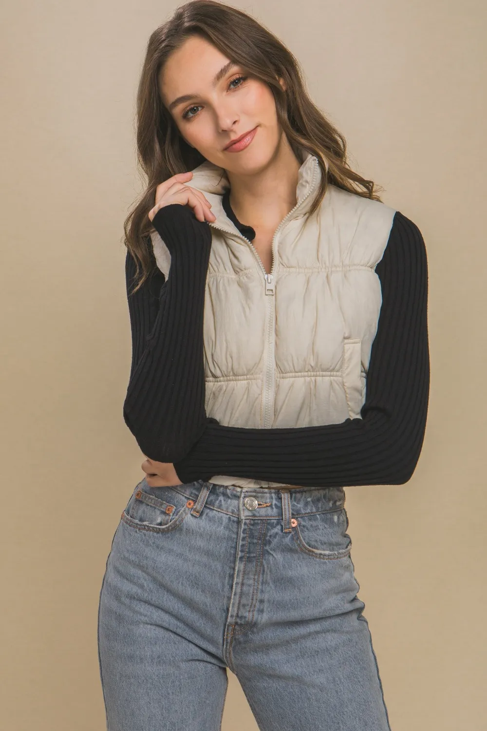 Zip Up Turtleneck Cropped Vest Coat, image 2