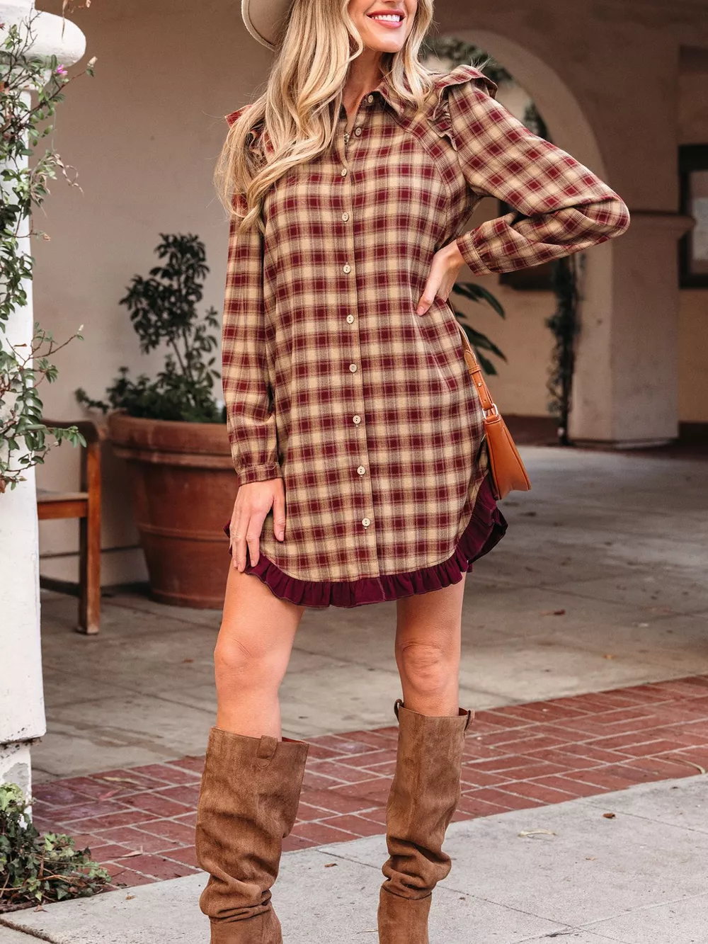 Plaid Print Ruffled Long Sleeve Patchwork Hem Mini Shirt Dress, image 3