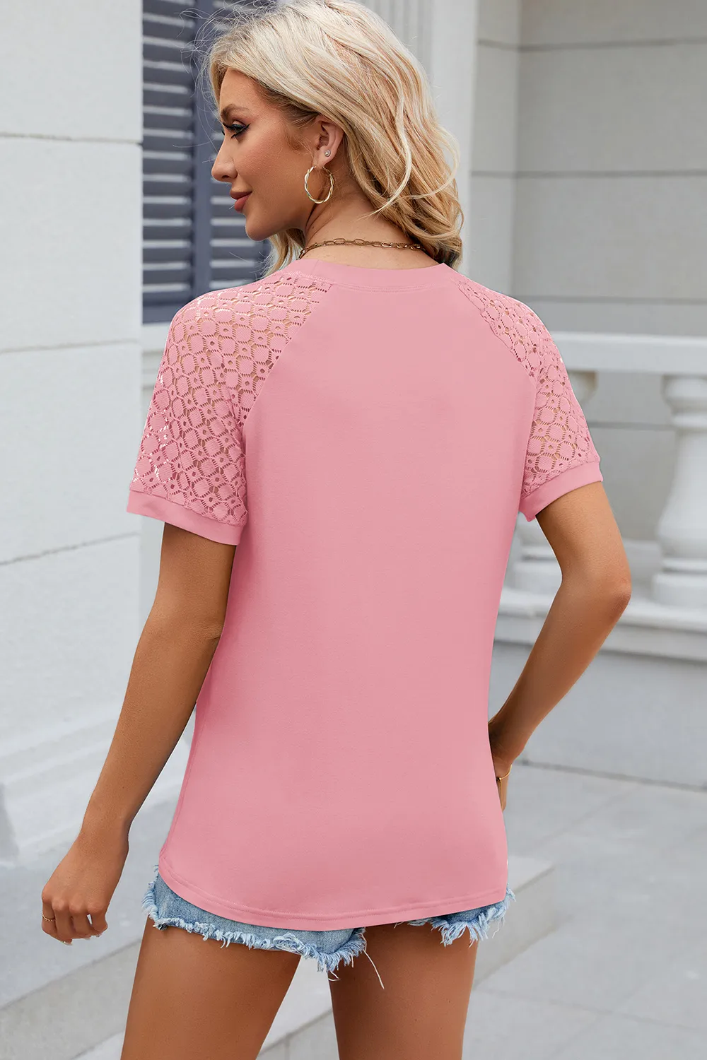 Openwork Round Neck Short Sleeve T-Shirt, image 28