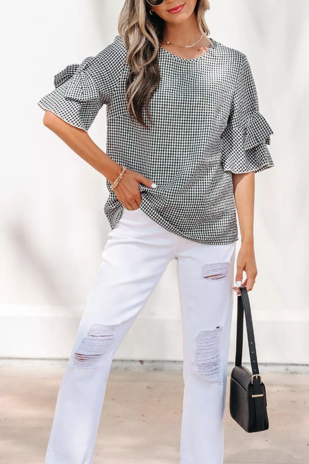 Gingham Bow Half Sleeve Blouse, image 8