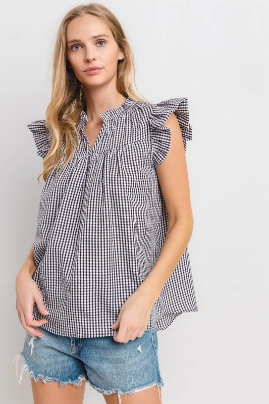 Ces Femme Plaid Notched Ruffled Cap Sleeve Blouse, image 2