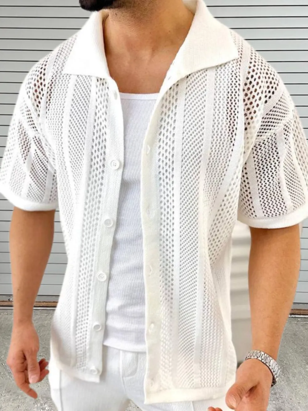Men's Button Down Collared Neck Hollow Out Shirt, image 6