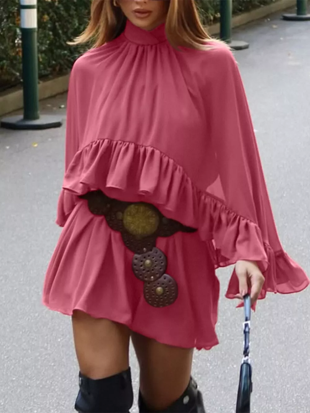 Ruffle Trim High Neck Mini Dress, image 5
