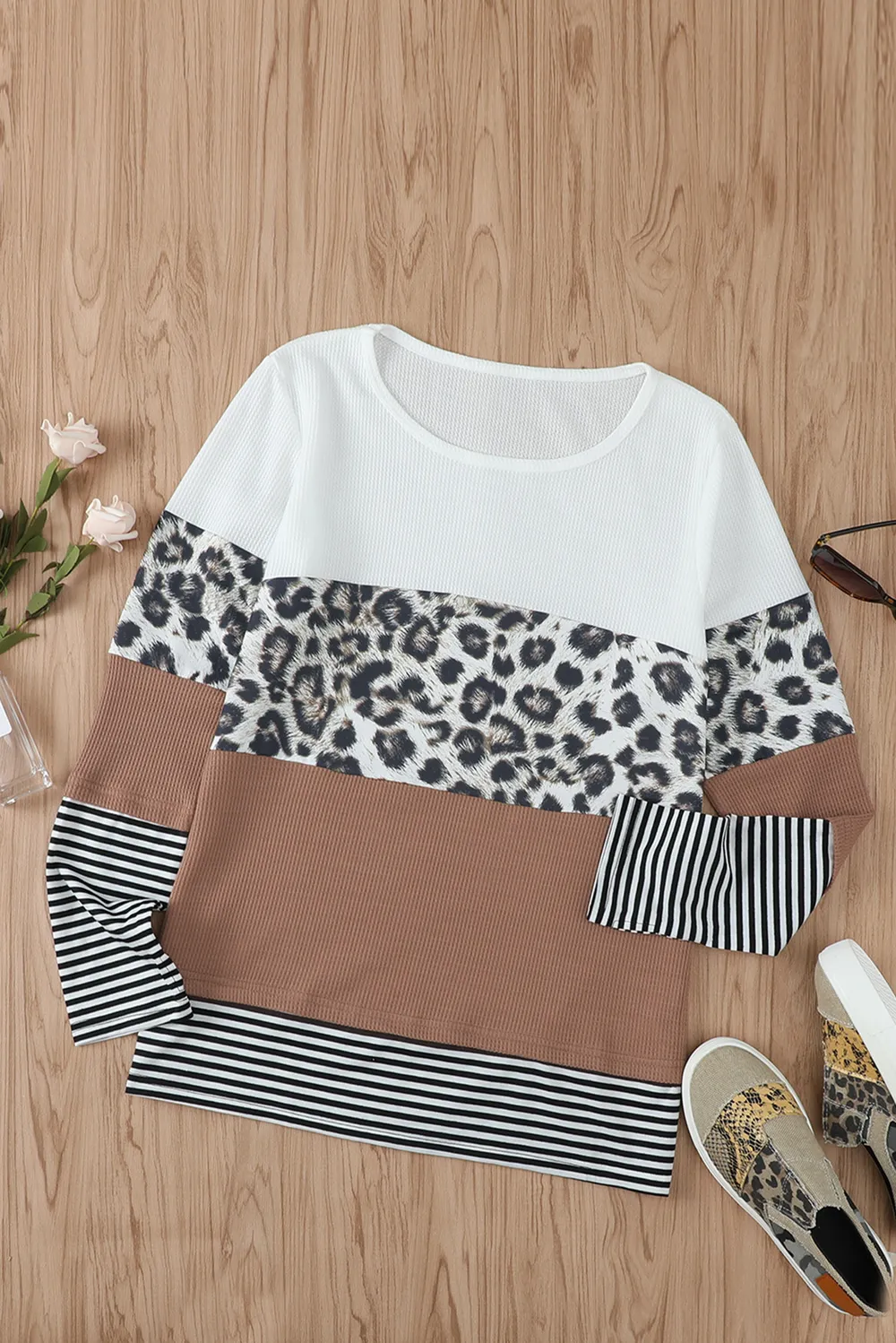 Waffle-Knit Leopard Round Neck Long Sleeve T-Shirt, image 6