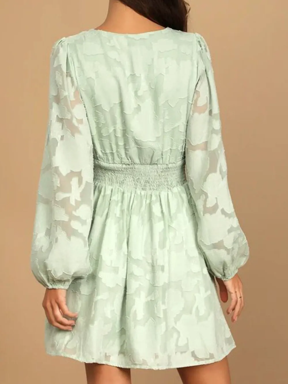 Smocked V-Neck Balloon Sleeve Dress, image 3