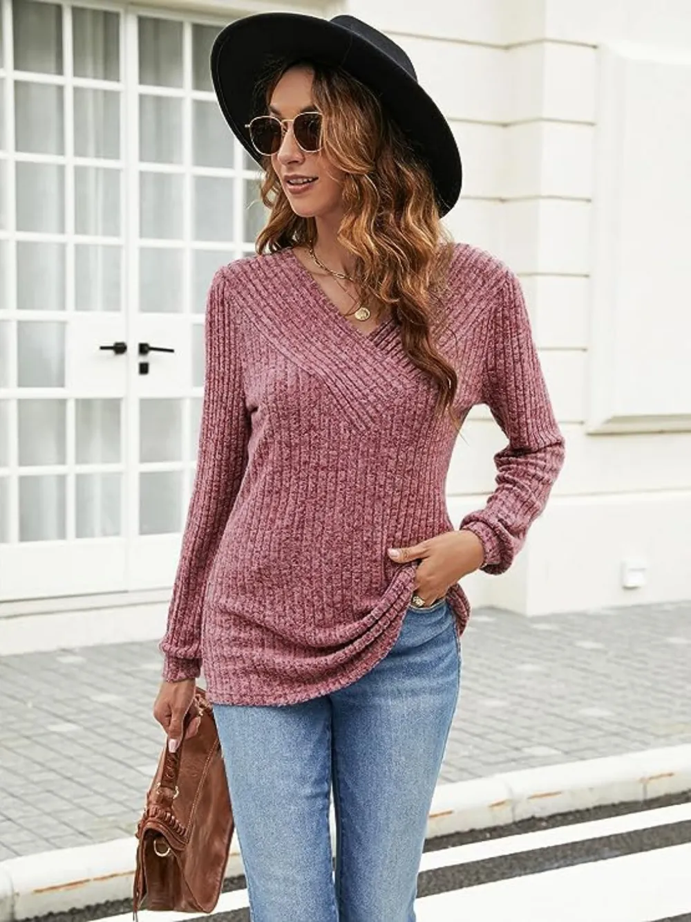 Ribbed Surplice Long Sleeve T-Shirt, image 4