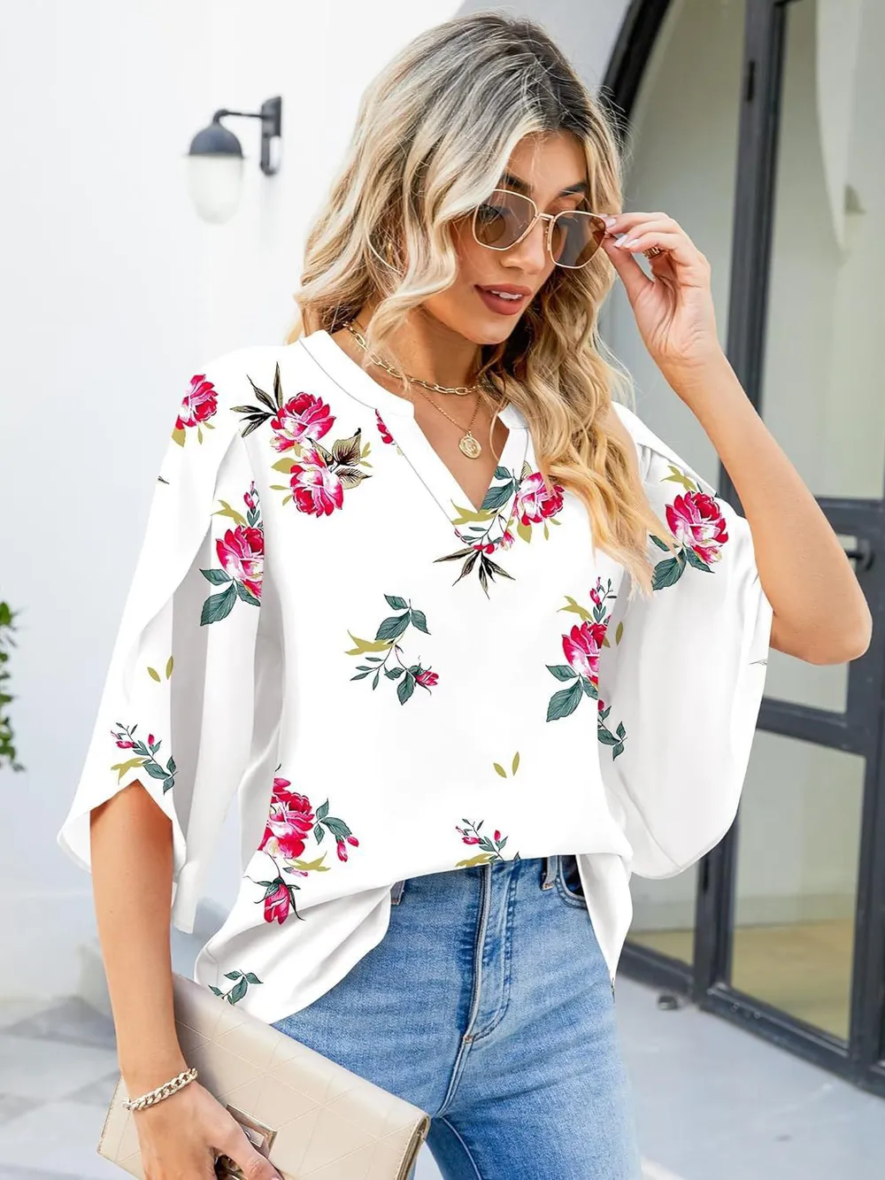 Printed Notched Half Sleeve Blouse, image 22