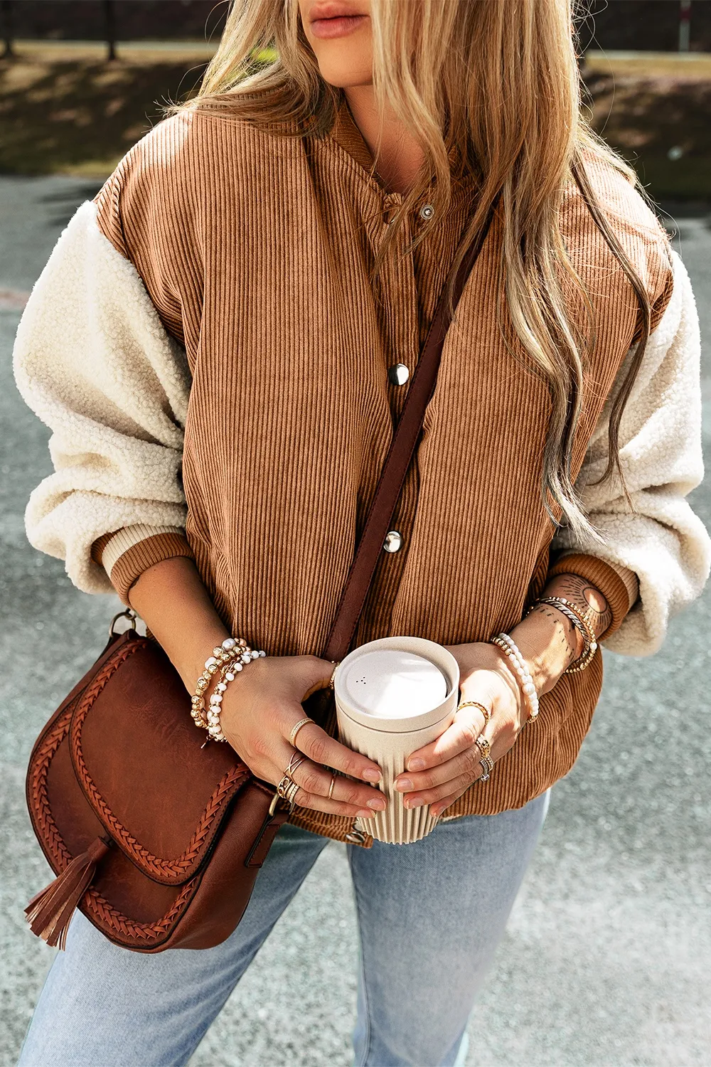 Contrast Baseball Collar Snap Down Long Sleeve Jacket, image 14