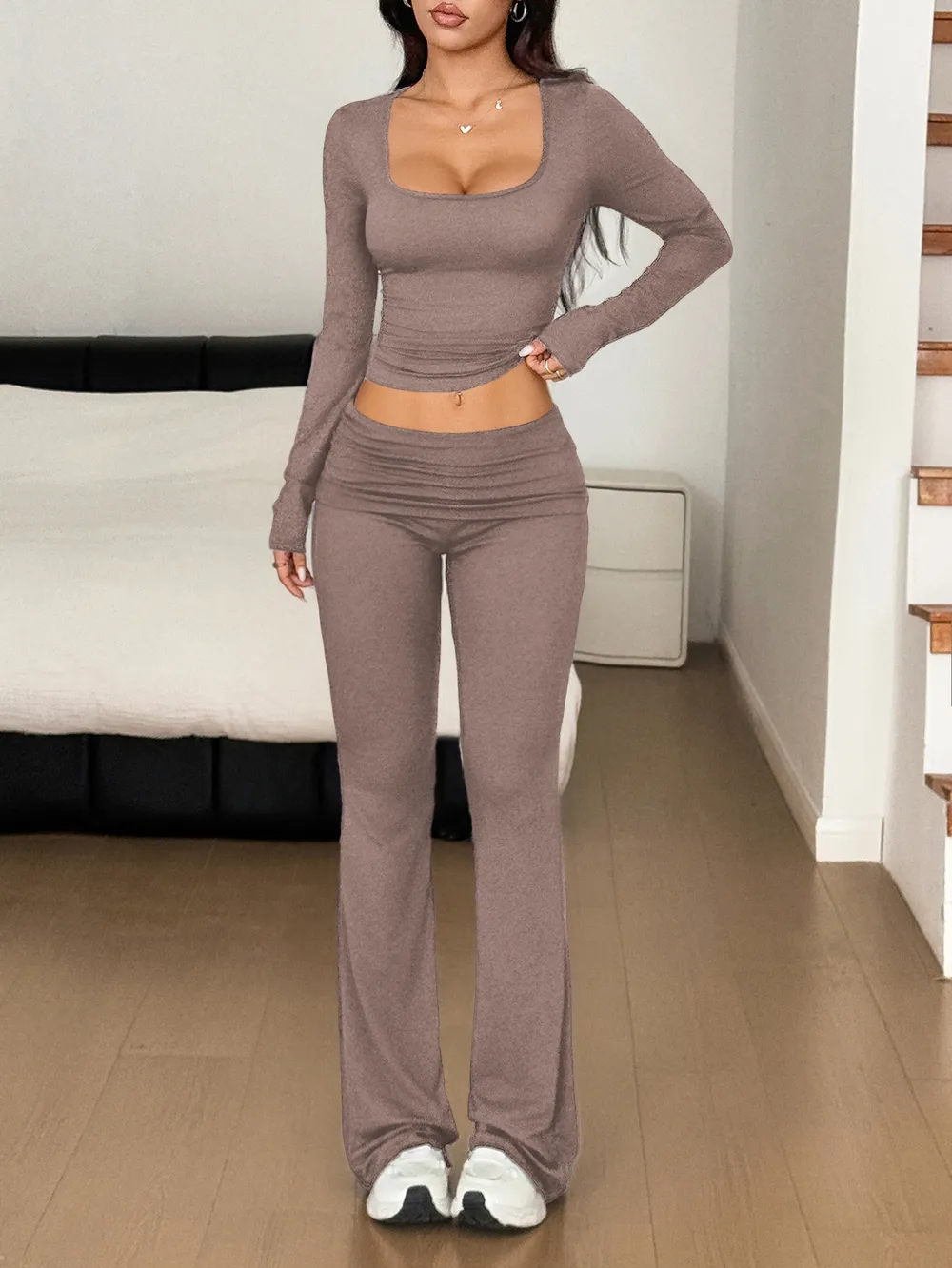 Long Sleeve Crop Top and Bootcut Pants Set, image 29