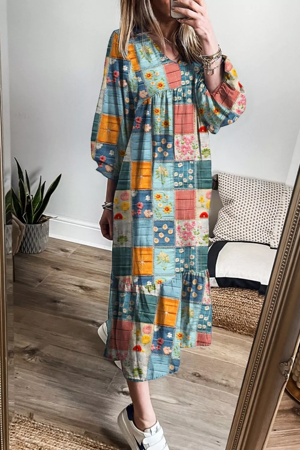 Floral Checkered V-Neck Dress, image 10