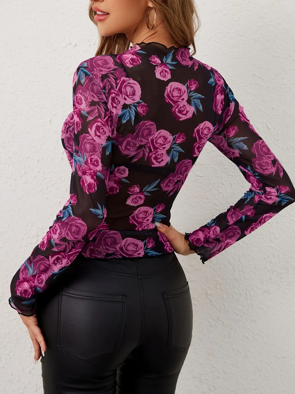 Floral Mock Neck Long Sleeve Top, image 4