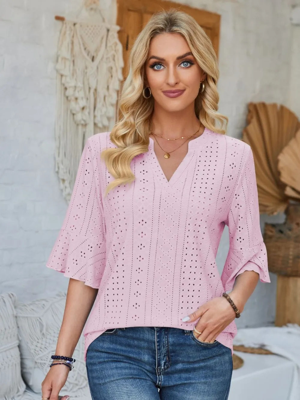 Eyelet Notched Half Sleeve T-Shirt, image 8