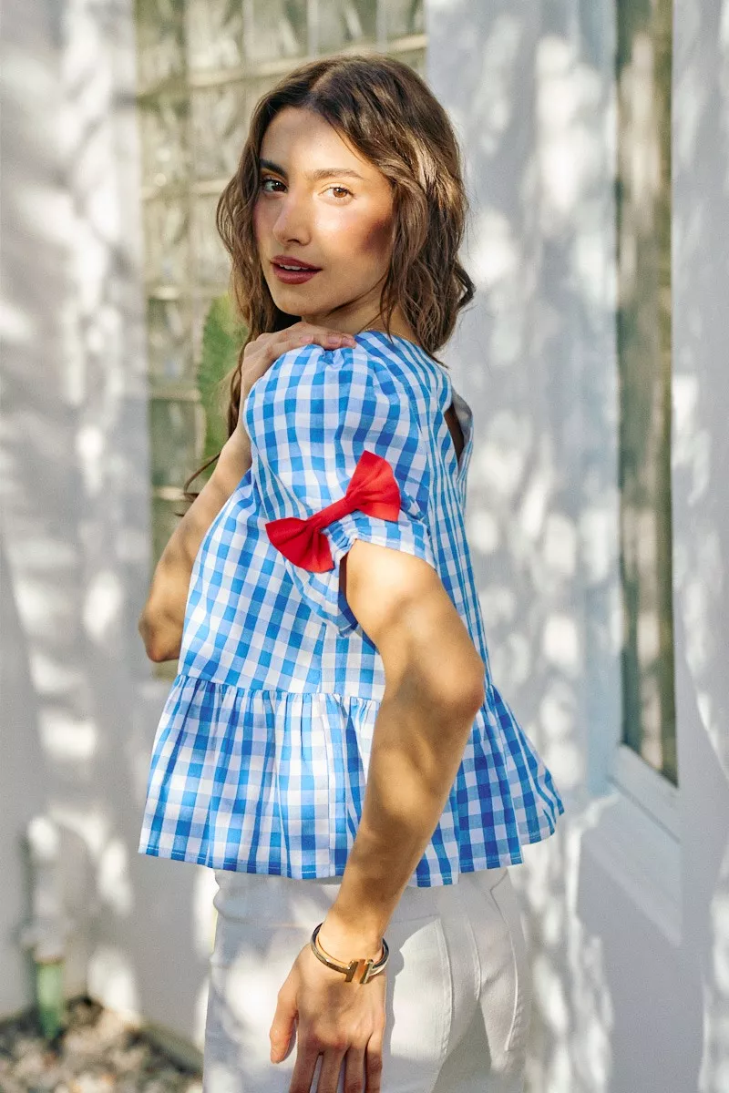 4th Of July Gingham Ribbon Detail Short Sleeves Blouse, image 2
