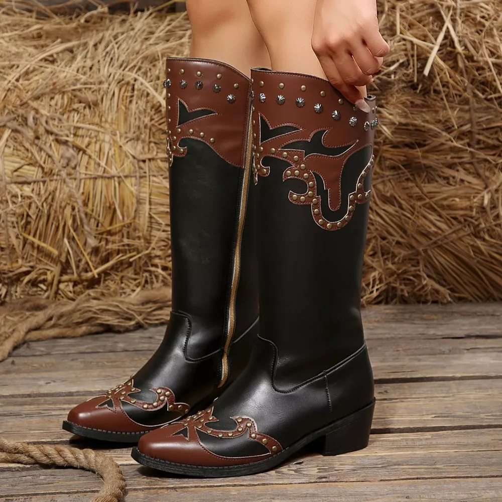 Western-Style Studded Two-Tone Mid-Calf Cowboy Boots