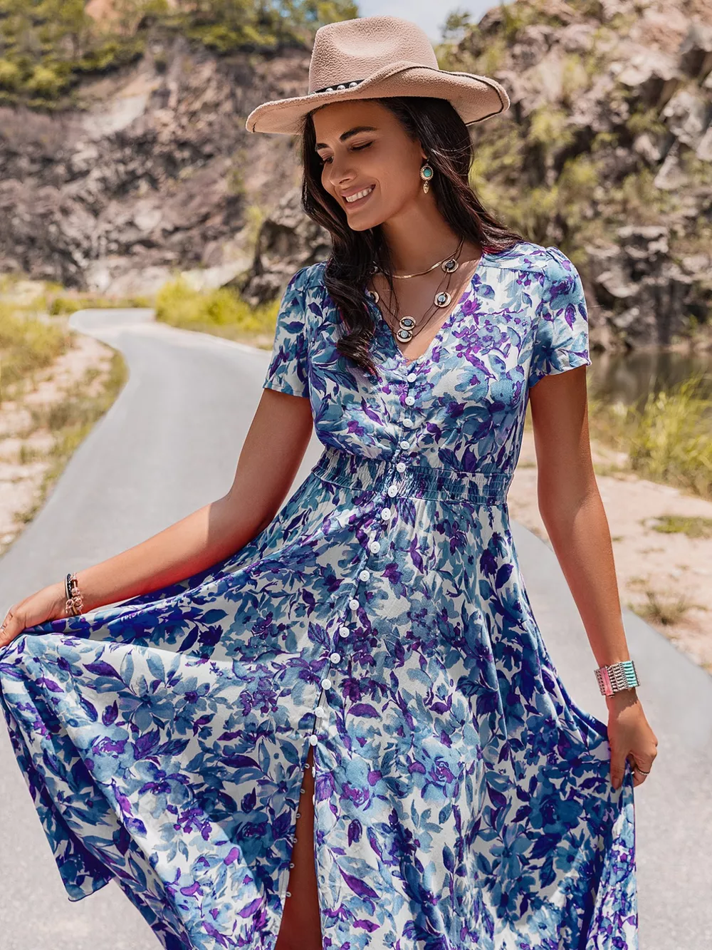 Floral Print V-Neck Slit Midi Dress, image 5