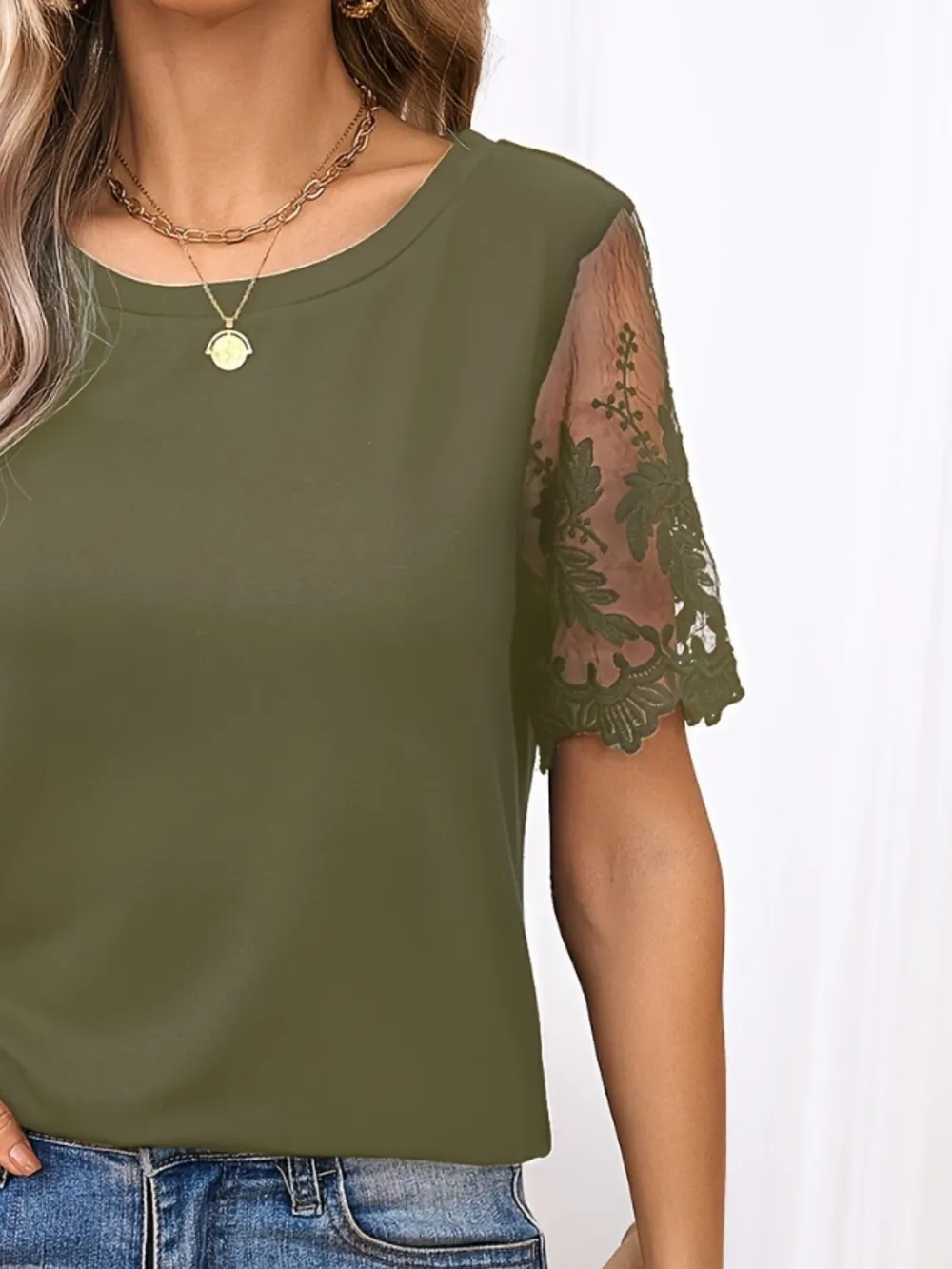 Lace Detail Round Neck Short Sleeve T-Shirt, image 15