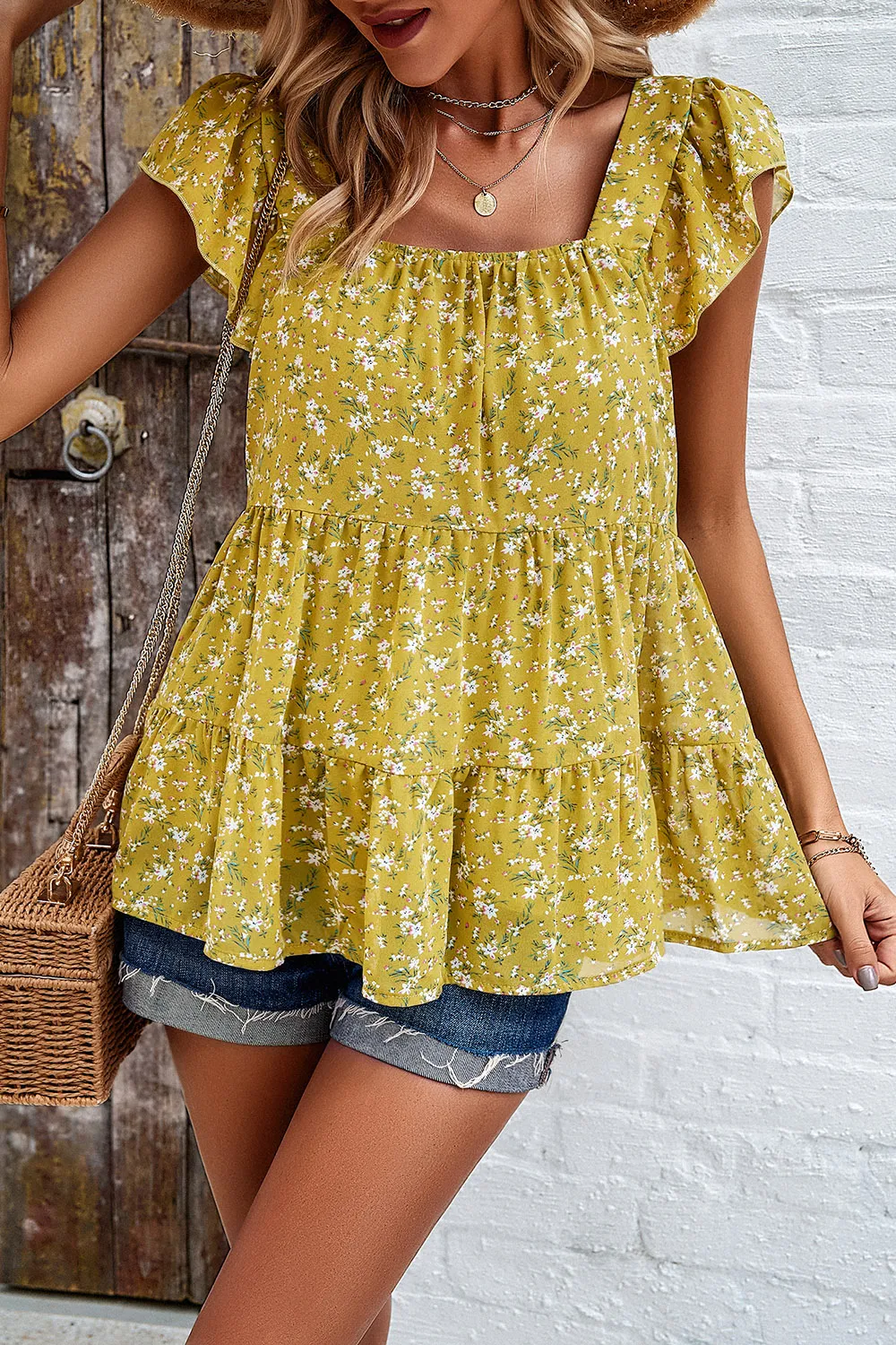 Printed Square Neck Cap Sleeve Blouse, image 11