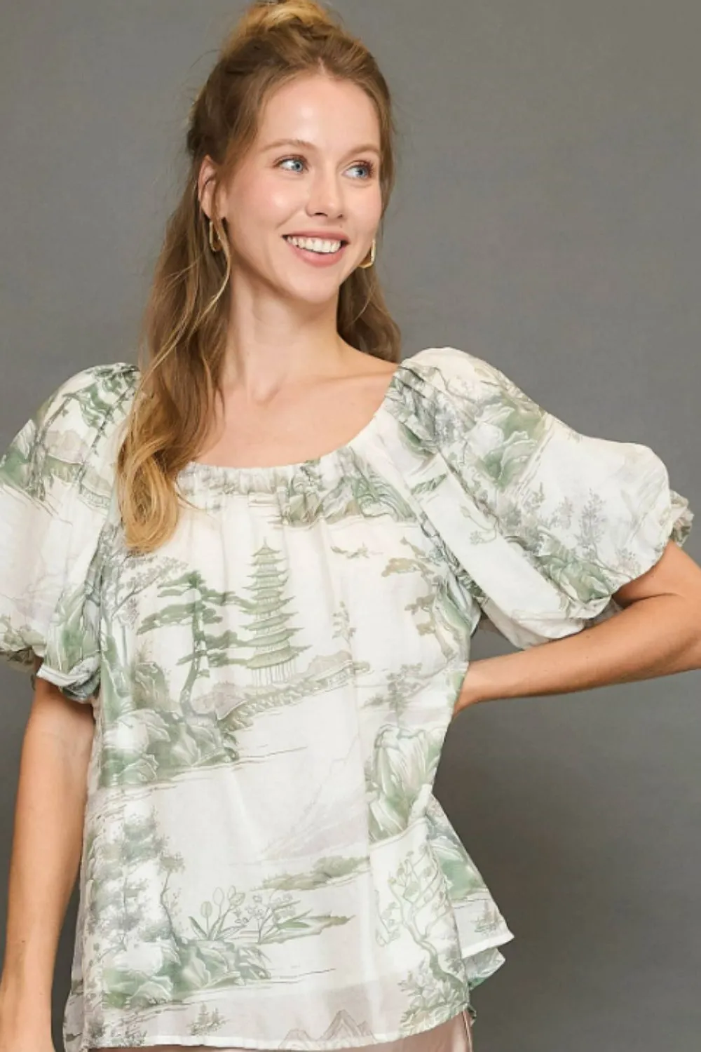 Full Size Two Tone Toile Print Top Plus Size