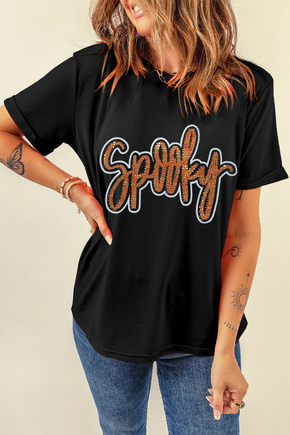 Rhinestone Letter Round Neck Short Sleeve T-Shirt, image 3