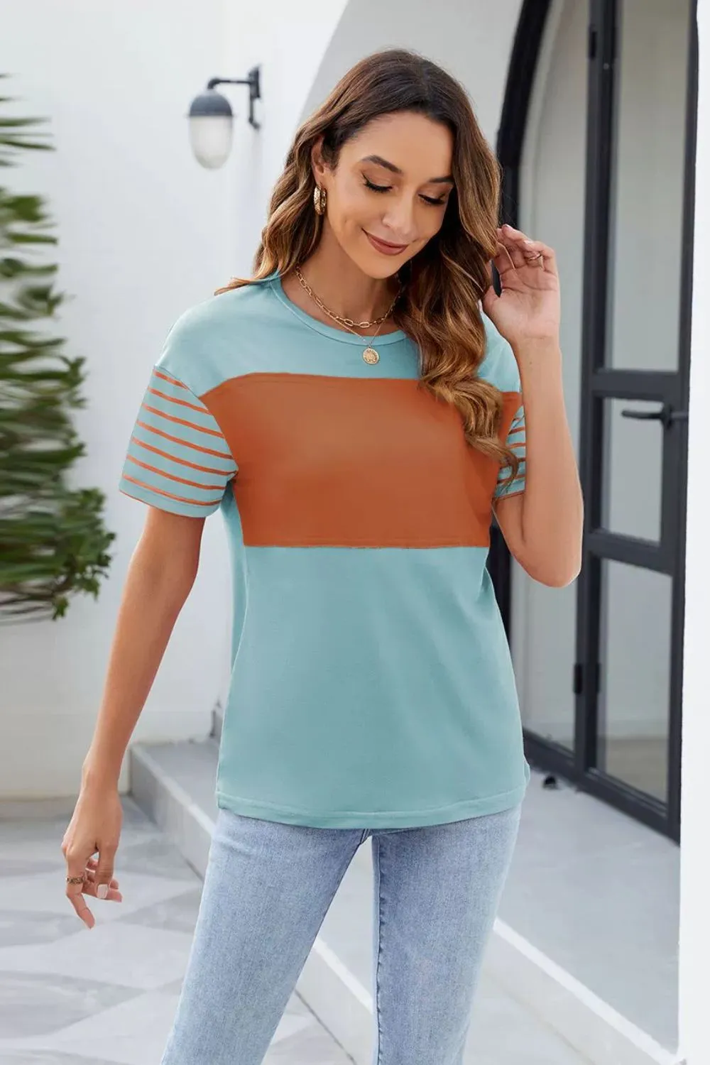 Color Block Round Neck Short Sleeve T-Shirt, image 7