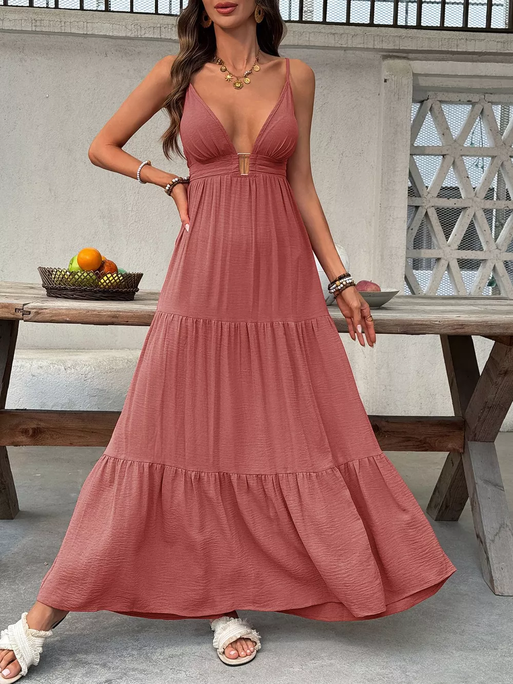 Deep V-Neck Tiered Maxi Dress, image 5
