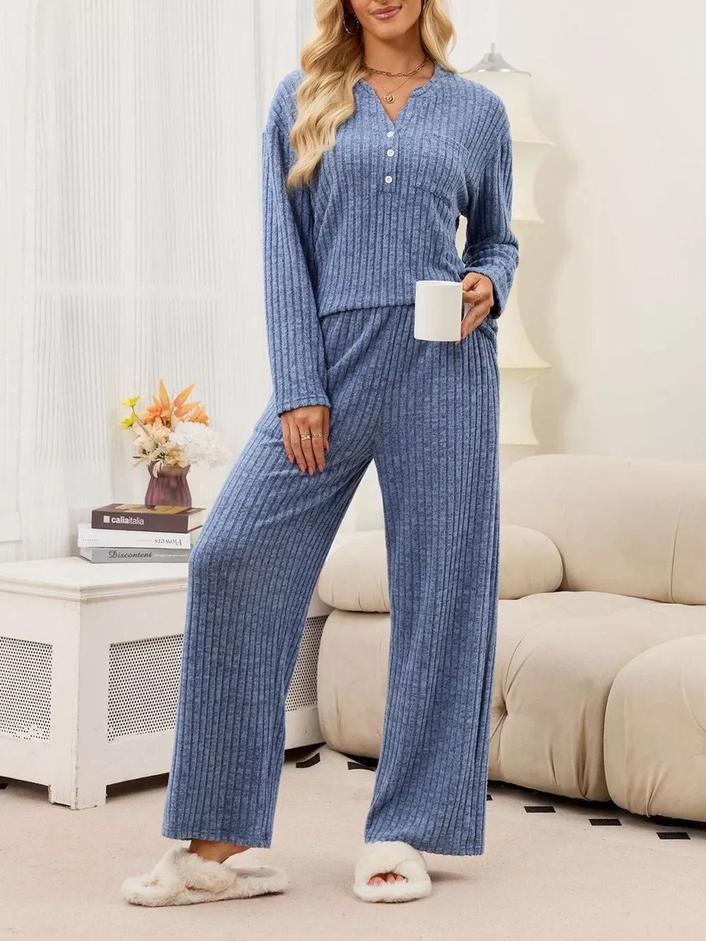 Ribbed Knit Top and Wide-Leg Pants Set, image 3
