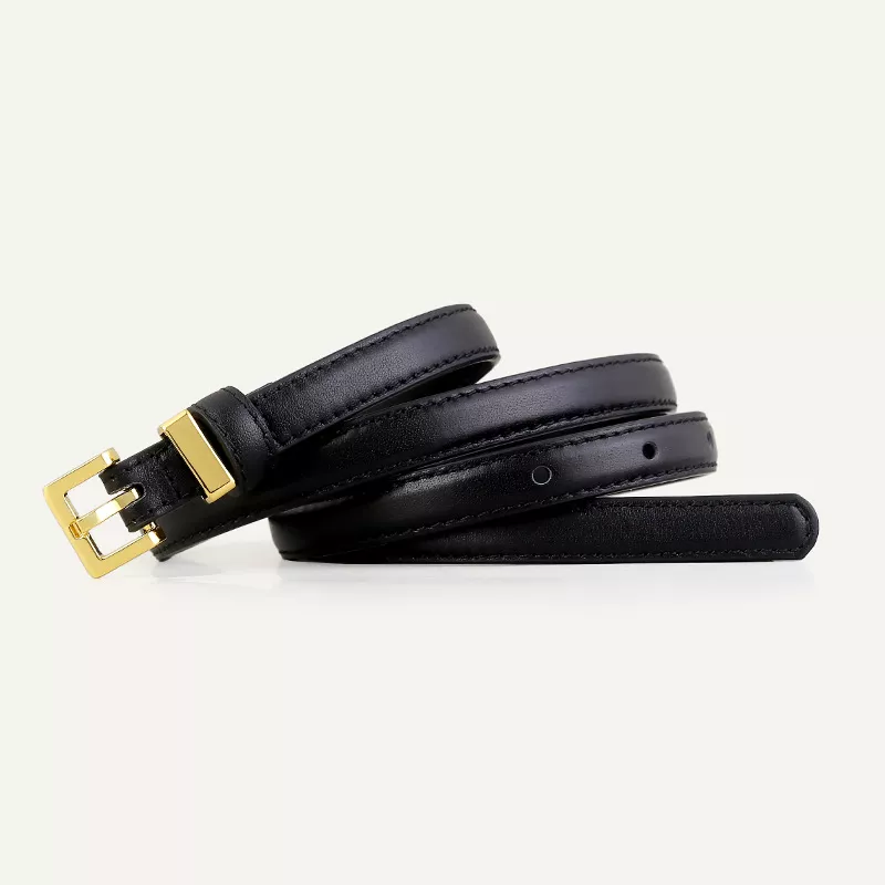 Skinny Leather Belt with Golden Buckle