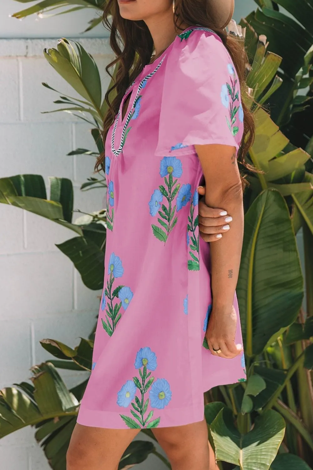 Floral Notched Summer Mini Dress with Striped Trim, image 5