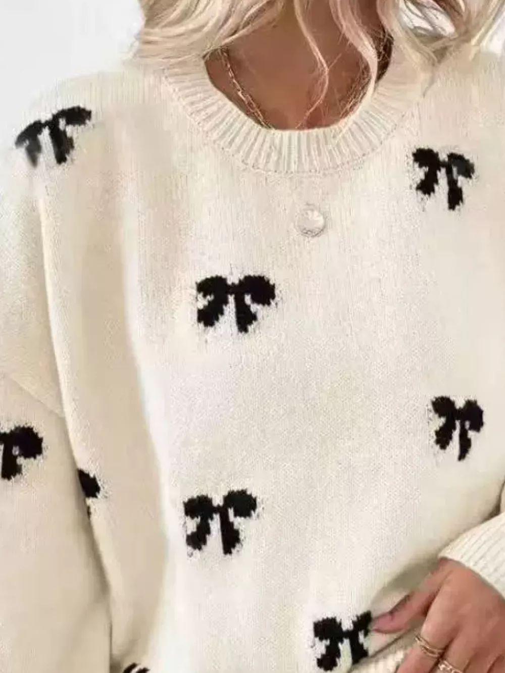 Bow Round Neck Dropped Shoulder Sweater, image 2